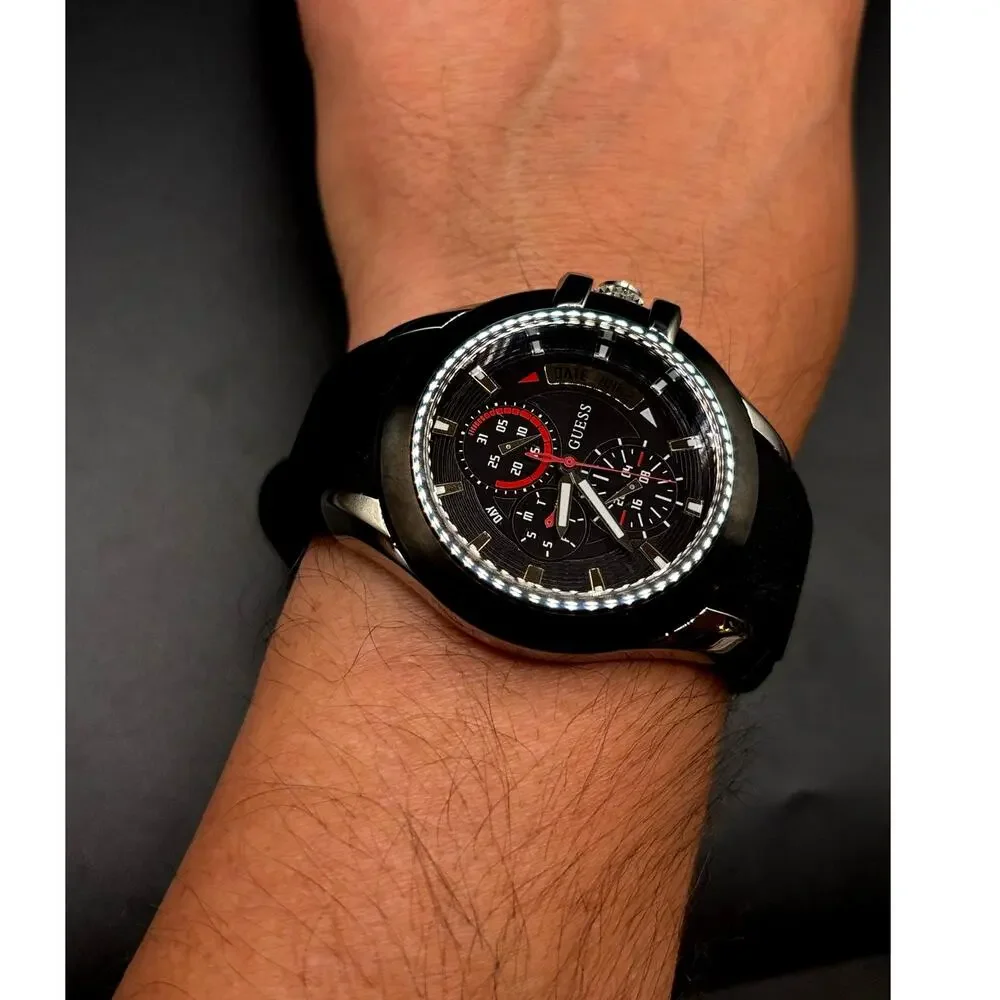 GUESS Waterpro U10575G1 Men’s 45mm Multifunction Black Silicone Watch NWT